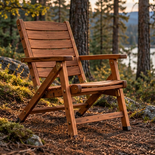 Solid cedar folding chair in a forest clearing