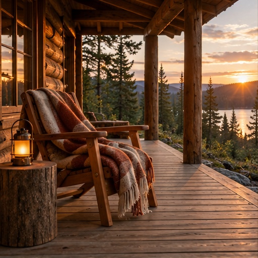 A wool throw and lantern on a cabin porch at golden hour