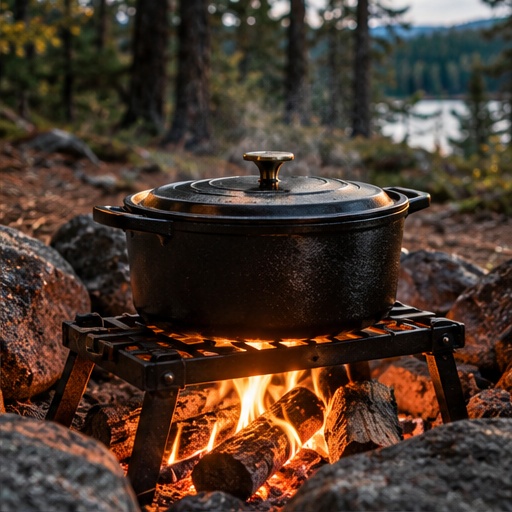Enamel Dutch oven beside a campfire