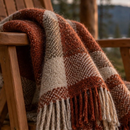 Heavyweight rust and bone wool throw draped on a chair